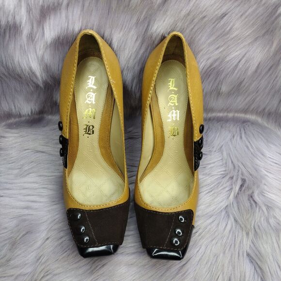 L.A.M.B. Leather Tuxedo Platform Pump Shoes Womens Size 6 Tan Brown Black - Picture 5 of 10